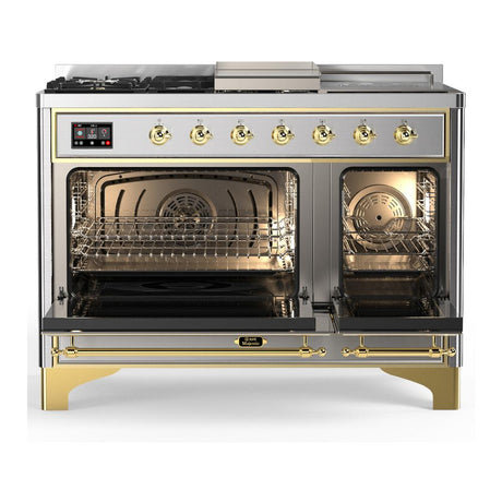 ILVE UM48FSNR3SSG Majestic III 48 inch Dual Fuel Range with 5 Black Brass Burners, Griddle and French Top, Dual Function Burner up to 25,000 BTU (Natural Gas, Triple Glass Door, Stainless Steel, Brass)