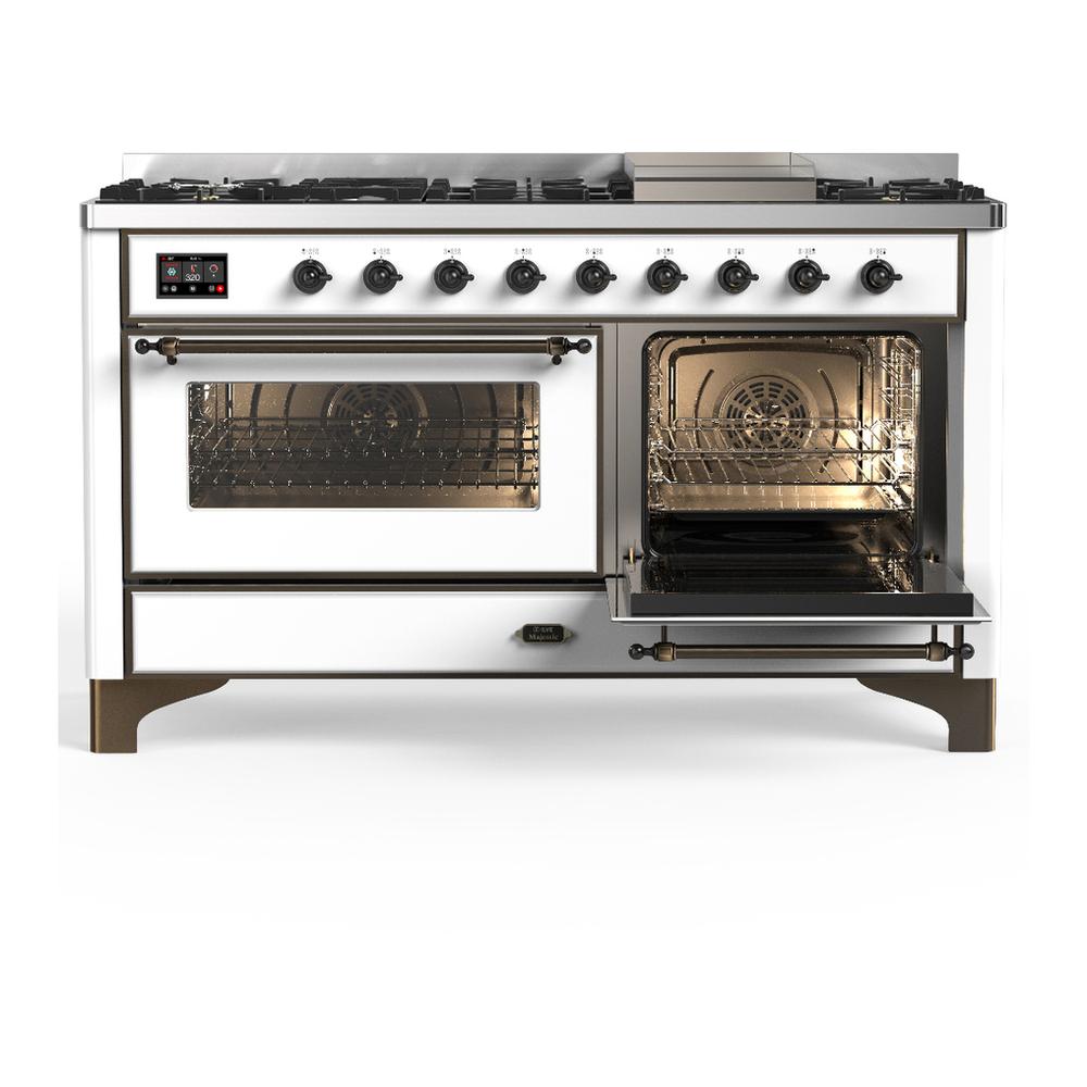ILVE UM60FNR3WHB Majestic III 60 inch Dual Fuel Range with 9 Burners and Griddle, Dual Function Burner up to 25,000 BTU (Natural Gas, Triple Glass Door, White, Burnished)