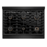 ZLINE Autograph Edition 36 in. 5.2 cu. ft. Paramount Dual Fuel Range with 6 Burner Gas Cooktop and Electric Convection Oven in Black Stainless Steel with Champagne Bronze Helix Handle and Knob Accents (SDRBZ-36-KCB)