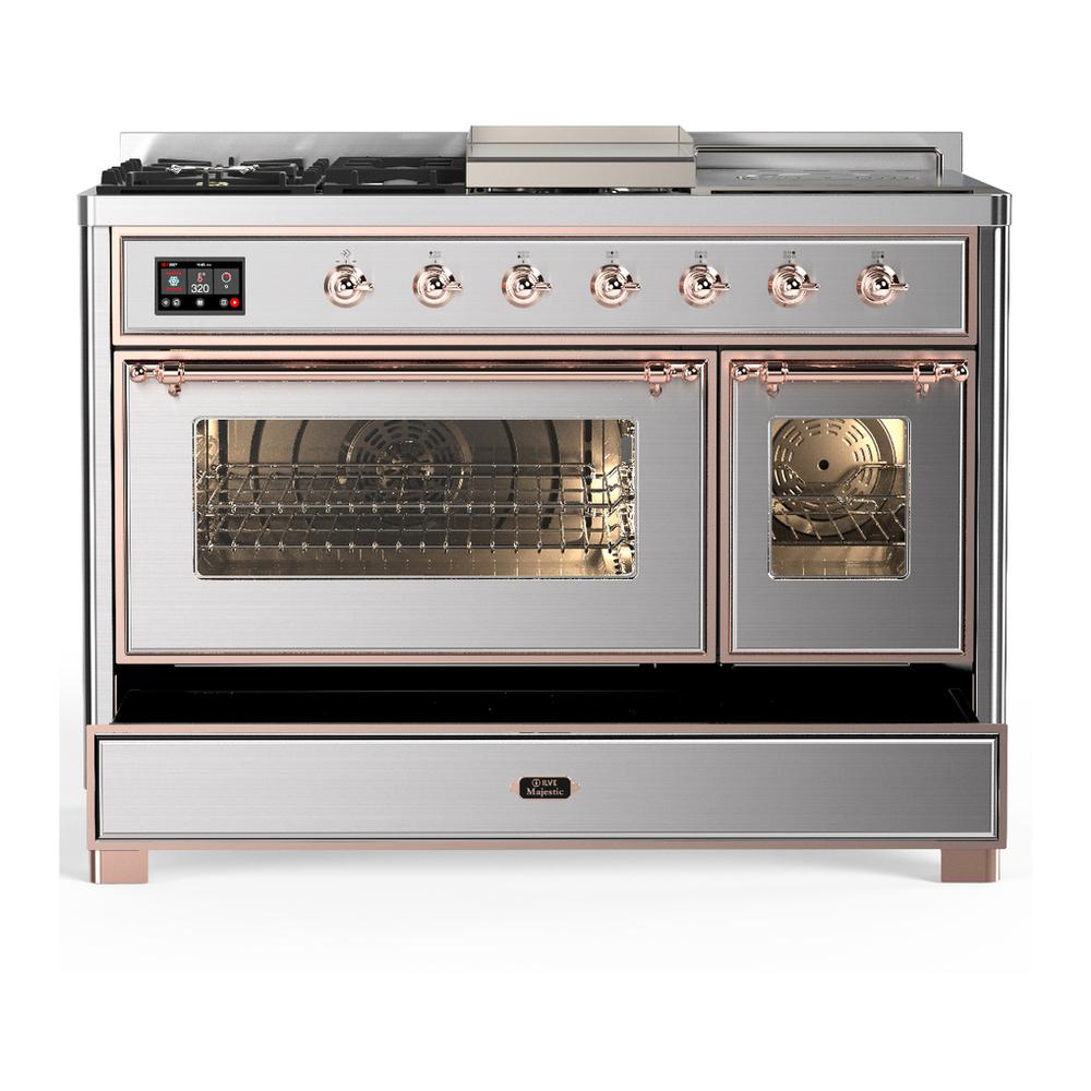 ILVE UM48FSNR3SSP Majestic III 48 inch Dual Fuel Range with 5 Black Brass Burners, Griddle and French Top, Dual Function Burner up to 25,000 BTU (Natural Gas, Triple Glass Door, Stainless Steel, Copper)