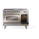 ILVE UN48FSNMPSSG Nostalgie II Noblesse 48 inch Dual Fuel Range (5 Sealed Burners + Griddle + French Top, Natural Gas, Triple Glass Door, Stainless Steel, Brass)