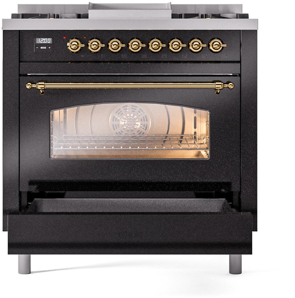 Nostalgie II 36 Inch Dual Fuel Natural Gas Freestanding Range in Glossy Black with Brass Trim