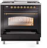 Nostalgie II 36 Inch Dual Fuel Natural Gas Freestanding Range in Glossy Black with Brass Trim