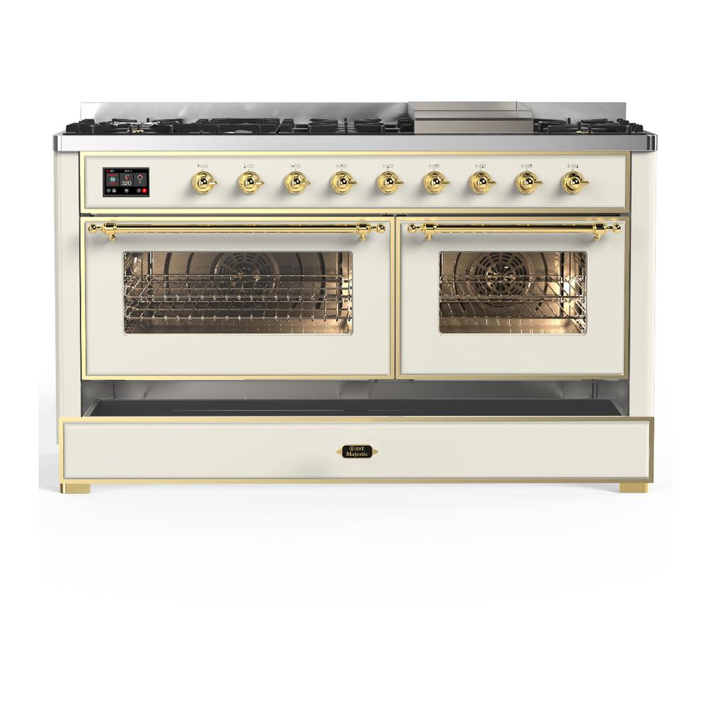 ILVE UM60FNR3AWG Majestic III 60 inch Dual Fuel Range with 9 Burners and Griddle, Dual Function Burner up to 25,000 BTU (Natural Gas, Triple Glass Door, Antique White, Brass)