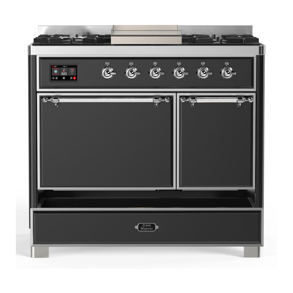 ILVE UMD40FQNR3MGCLP Majestic III 40 inch Dual Fuel Range with 6 Burners and Griddle, Dual Function Burner up to 25,000 BTU (Liquid Propane, Solid Door, Graphite Matte, Chrome)
