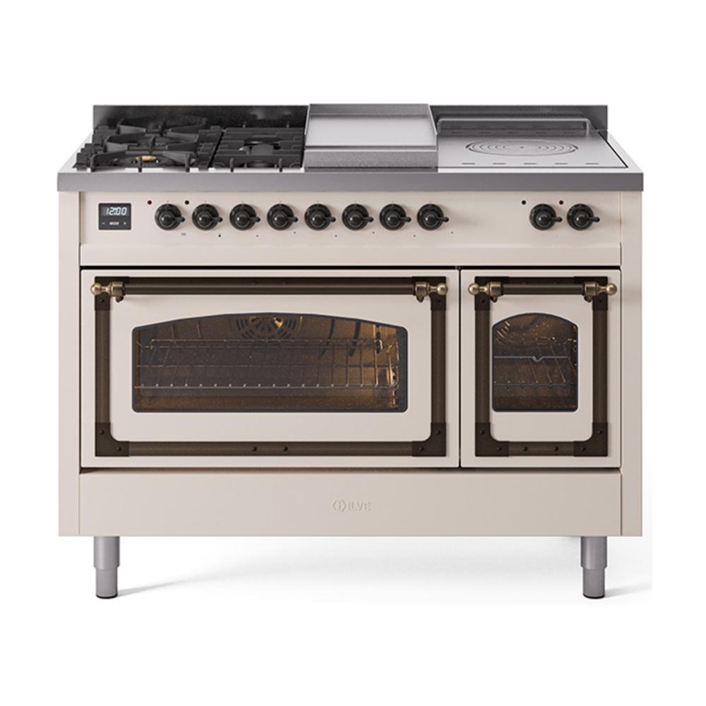 ILVE UN48FSNMPAWB Nostalgie II Noblesse 48 inch Dual Fuel Range (5 Sealed Burners + Griddle + French Top, Natural Gas, Triple Glass Door, Antique White, Burnished)