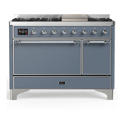 ILVE UM48FQNR3BGC Majestic III 48 inch Dual Fuel Range with 8 Burners and Griddle, Dual Function Burner up to 25,000 BTU (Natural Gas, Solid Door, Blue Grey, Chrome)