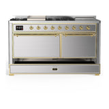 ILVE UM60FSQNR3SSGLP Majestic III 60 inch Dual Fuel Range with 7 Burners, Griddle and French Top, Dual Function Burner with up to 25,000 BTU (Liquid Propane, Solid Door, Stainless Steel, Brass)