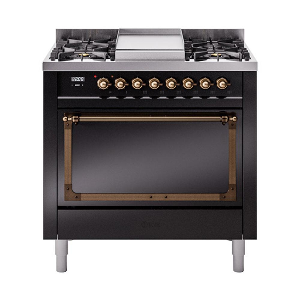 ILVE UN36FQNMPBKBLP Nostalgie II Noblesse 36 inch Dual Fuel Range (Liquid Propane, Solid Door, Glossy Black, Burnished)