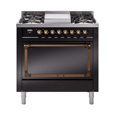 ILVE UN36FQNMPBKBLP Nostalgie II Noblesse 36 inch Dual Fuel Range (Liquid Propane, Solid Door, Glossy Black, Burnished)