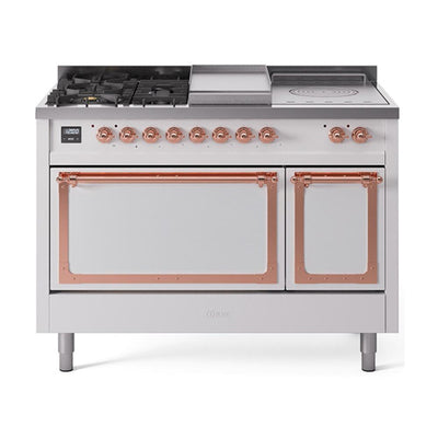 ILVE UN48FSQNMPWHPLP Nostalgie II Noblesse 48 inch Dual Fuel Range (5 Sealed Burners + Griddle + French Top, Liquid Propane, Solid Door, White, Copper)