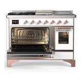 ILVE UM48FSNR3WHPLP Majestic III 48 inch Dual Fuel Range with 5 Black Brass Burners, Griddle and French Top, Dual Function Burner up to 25,000 BTU (Liquid Propane, Triple Glass Door, White, Copper)