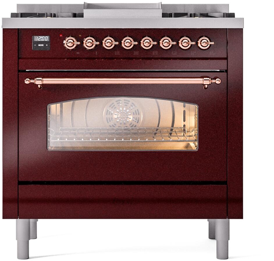 Nostalgie II 36 Inch Dual Fuel Liquid Propane Freestanding Range in Burgundy with Copper Trim
