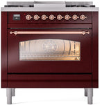 Nostalgie II 36 Inch Dual Fuel Liquid Propane Freestanding Range in Burgundy with Copper Trim