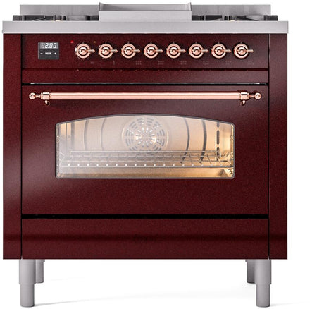 Nostalgie II 36 Inch Dual Fuel Liquid Propane Freestanding Range in Burgundy with Copper Trim