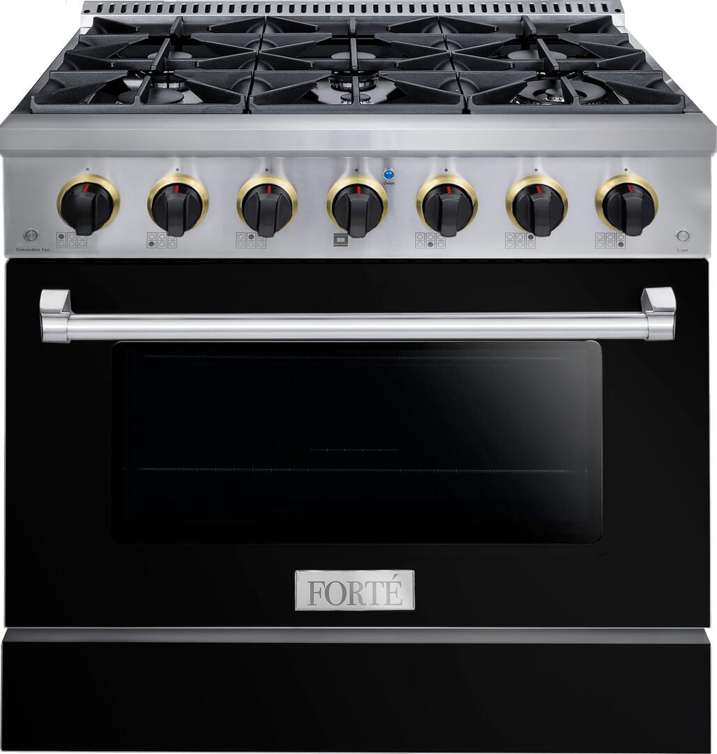 FGR366BBB24 36" All Gas Freestanding Range in Black with Black Knob Kit Set and Brass Bezel Kit Set