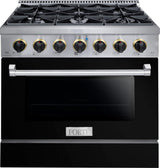 FGR366BBB24 36" All Gas Freestanding Range in Black with Black Knob Kit Set and Brass Bezel Kit Set