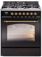 Nostalgie II 30 Inch Dual Fuel Liquid Propane Freestanding Range in Glossy Black with Brass Trim