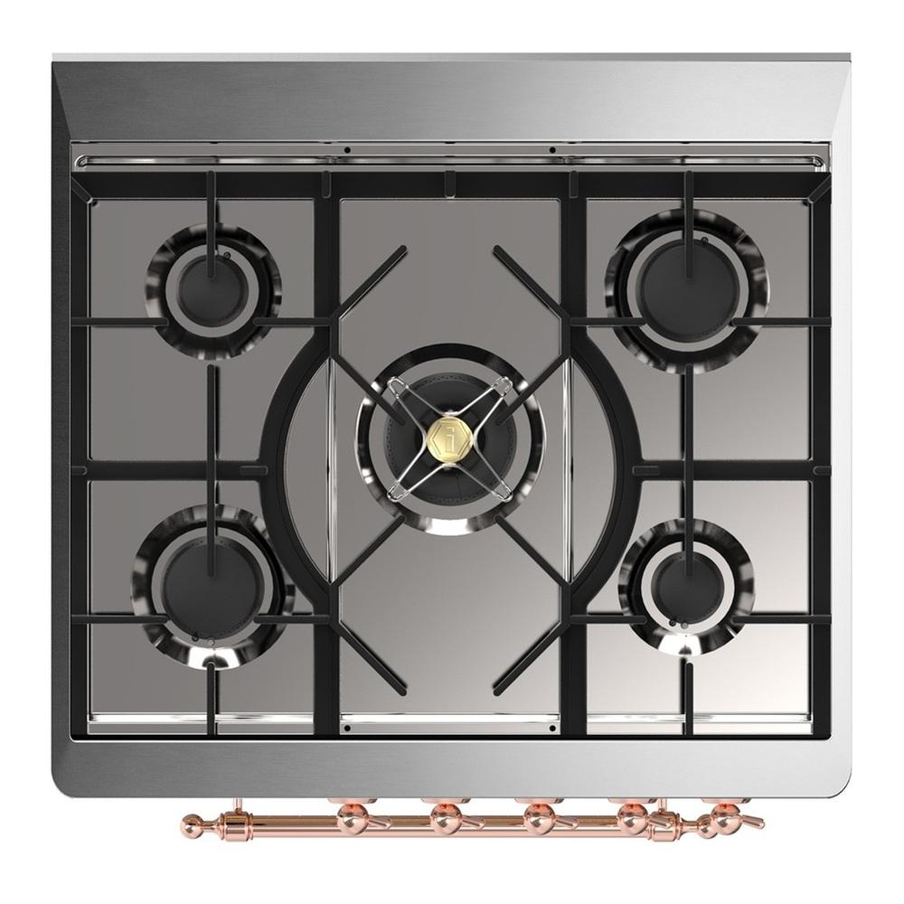 ILVE UM30QNR3RAP Majestic III 30 inch Dual Fuel Range with 5 Black Brass Burners, Dual Function Burner up to 25,000 BTU (Natural Gas, Solid Door, RAL, Copper)