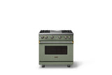 36"W. Sealed Burner Gas Range (Burner: 4g, Finish: Eucalyptus, Trim: Brushed Brass, Fuel: Propane)