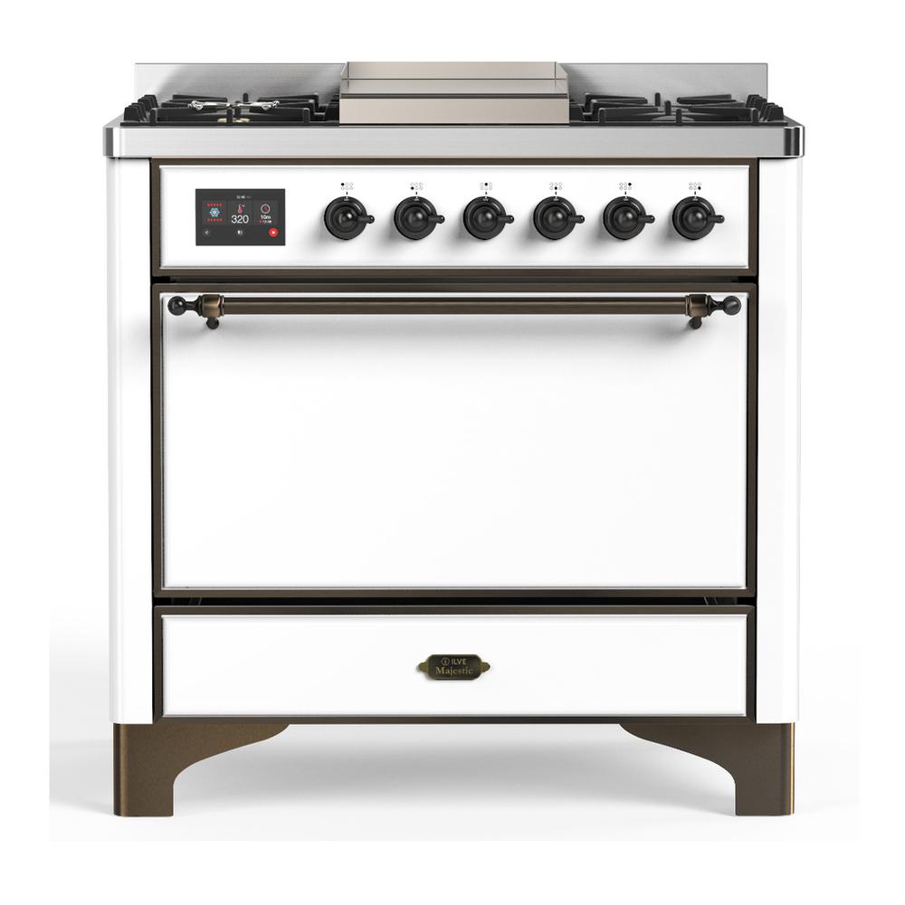 ILVE UM36FQNR3WHBLP Majestic III 36 inch Dual Fuel Range with 6 Black Brass Burners and Griddle, Dual Function Burner up to 25,000 BTU (Solid Door, White, Burnished, Liquid Propane)