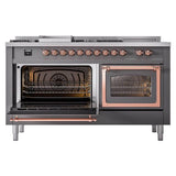 ILVE UN60FSNMPMGP Nostalgie II Noblesse 60 inch Dual Fuel Range (7 Sealed Burners + Griddle + French Top, Natural Gas, Triple Glass Door, Graphite Matte, Copper)