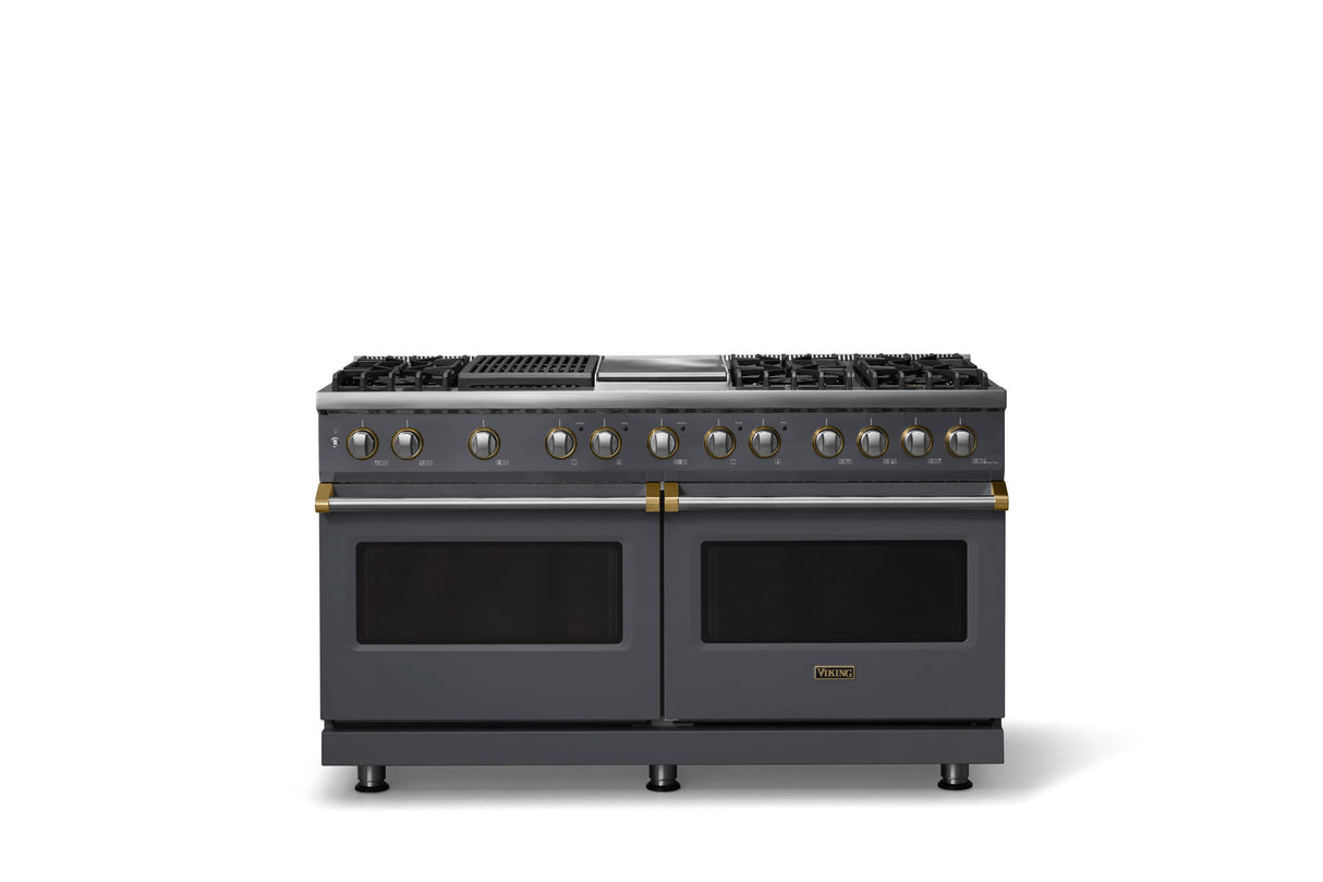 60"W.Dual Fuel Range (Finish: Cast Black, Trim: Brushed Brass, Fuel: Propane)