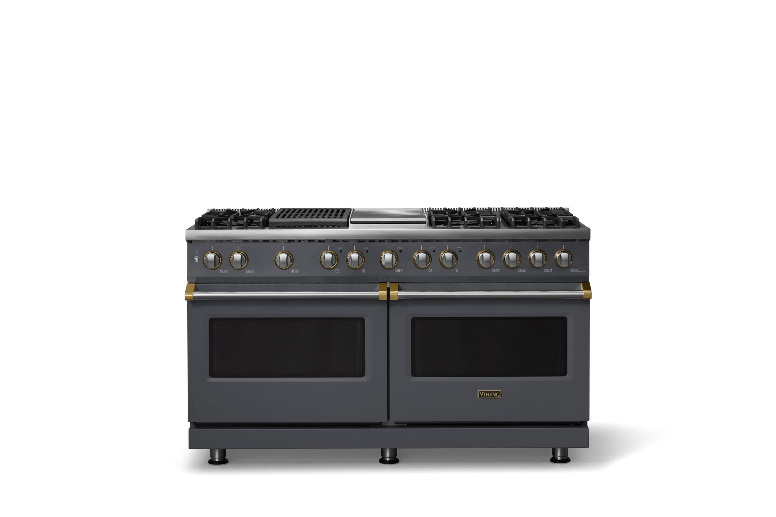 60"W.Dual Fuel Range (Finish: Cast Black, Trim: Brushed Brass, Fuel: Propane)