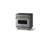 36"W. Dual Fuel Range (Burner: 6b, Finish: Stainless Steel, Trim: Brushed Brass, Fuel: Natural Gas)