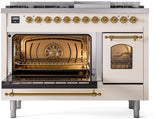 Nostalgie II 48 Inch Dual Fuel Liquid Propane Freestanding Range in Antique White with Brass Trim