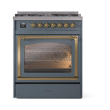ILVE UN30NMPBGG Nostalgie II Noblesse 30 inch Dual Fuel Range (Natural Gas, Triple Glass Door, Blue Grey, Brass)