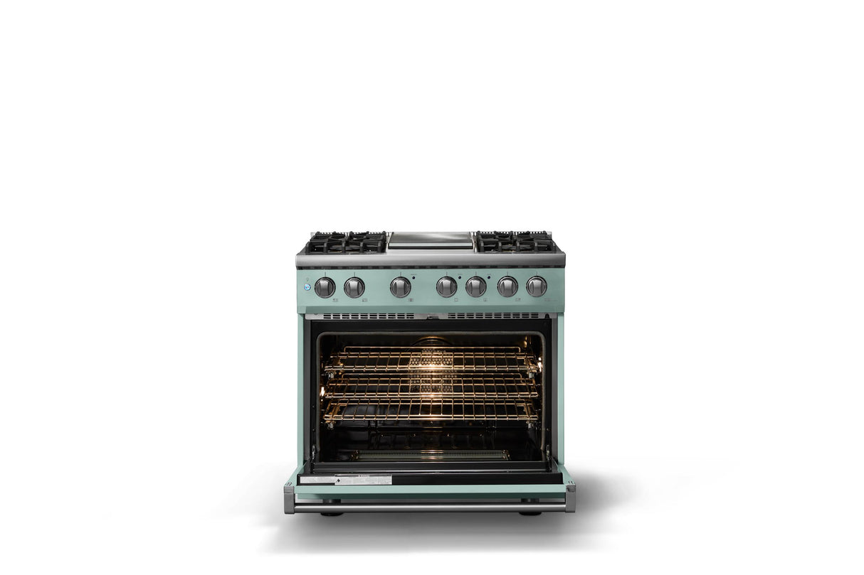 36"W. Dual Fuel Range (Burner: 4g, Finish: Splash, Trim: Polished Chrome, Fuel: Natural Gas)