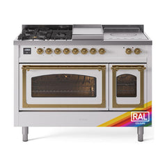 ILVE UN48FSNMPRAGLP Nostalgie II Noblesse 48 inch Dual Fuel Range (5 Sealed Burners + Griddle + French Top, Liquid Propane, Triple Glass Door, RAL, Brass)