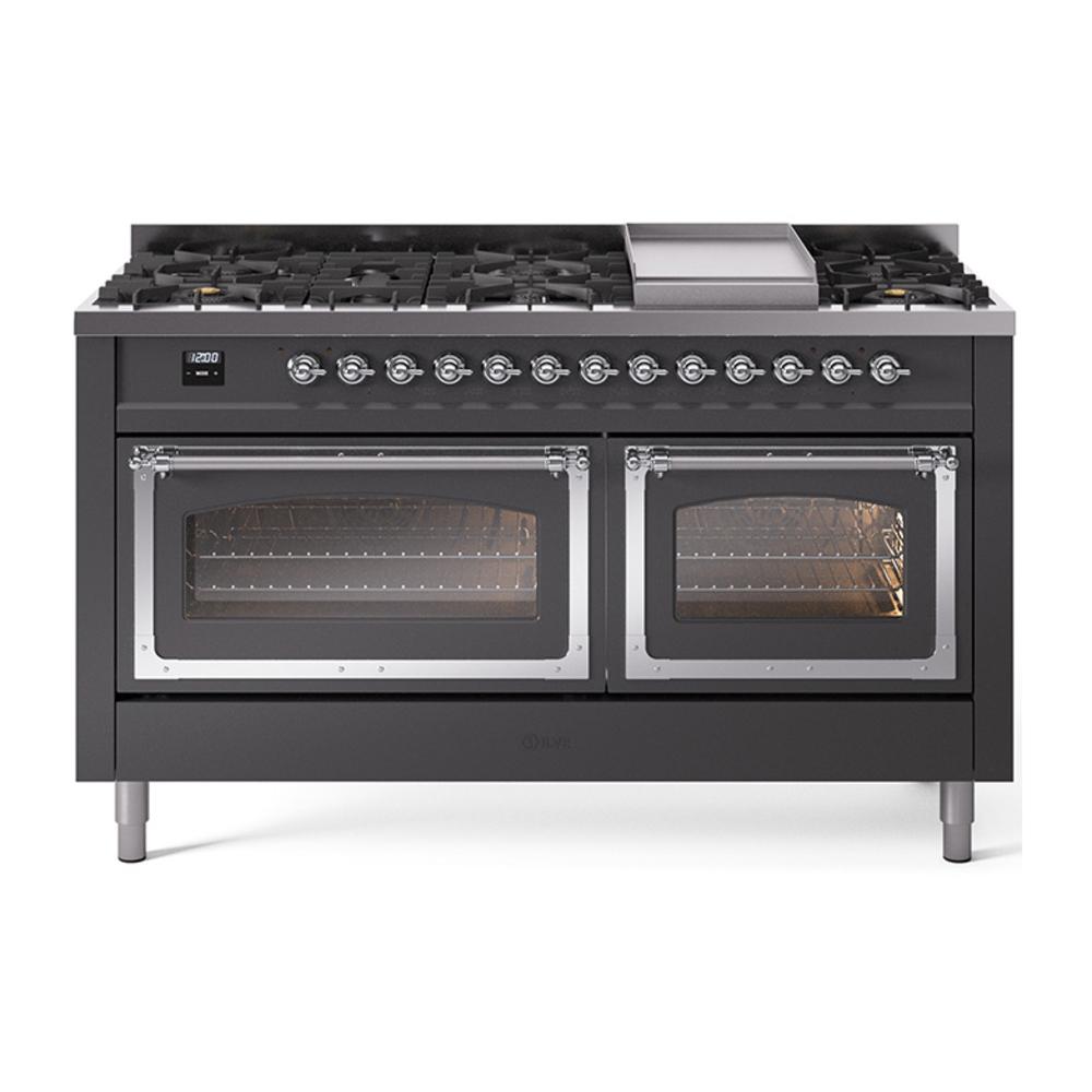 ILVE UN60FNMPMGCLP Nostalgie II Noblesse 60 inch Dual Fuel Range (9 Sealed Burners + Griddle, Liquid Propane, Triple Glass Door, Graphite Matte, Chrome)