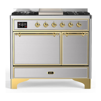 ILVE UMD40FQNR3SSG Majestic III 40 inch Dual Fuel Range with 6 Burners and Griddle, Dual Function Burner up to 25,000 BTU (Natural Gas, Solid Door, Stainless Steel, Brass)