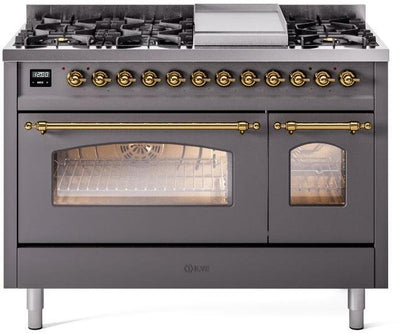 Nostalgie II 48 Inch Dual Fuel Natural Gas Freestanding Range in Matte Graphite with Brass Trim