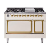 ILVE UN48FQNMPAWG Nostalgie II Noblesse 48 inch Dual Fuel Range (8 Sealed Burners + Griddle, Natural Gas, Solid Door, Antique White, Brass)