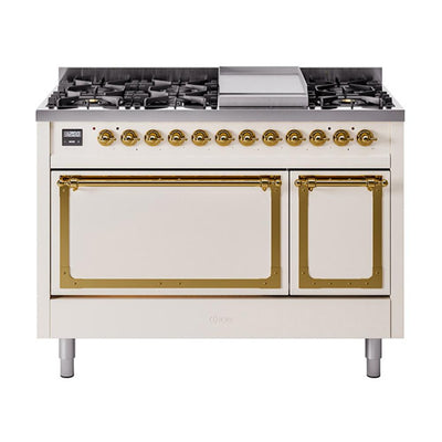 ILVE UN48FQNMPAWG Nostalgie II Noblesse 48 inch Dual Fuel Range (8 Sealed Burners + Griddle, Natural Gas, Solid Door, Antique White, Brass)