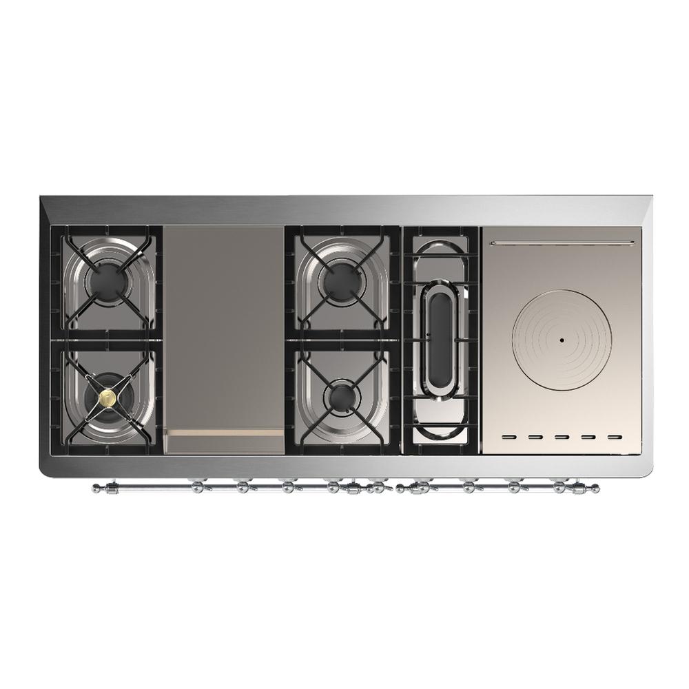 ILVE UM60FSQNR3MGCLP Majestic III 60 inch Dual Fuel Range with 7 Burners, Griddle and French Top, Dual Function Burner with up to 25,000 BTU (Liquid Propane, Solid Door, Graphite Matte, Chrome)