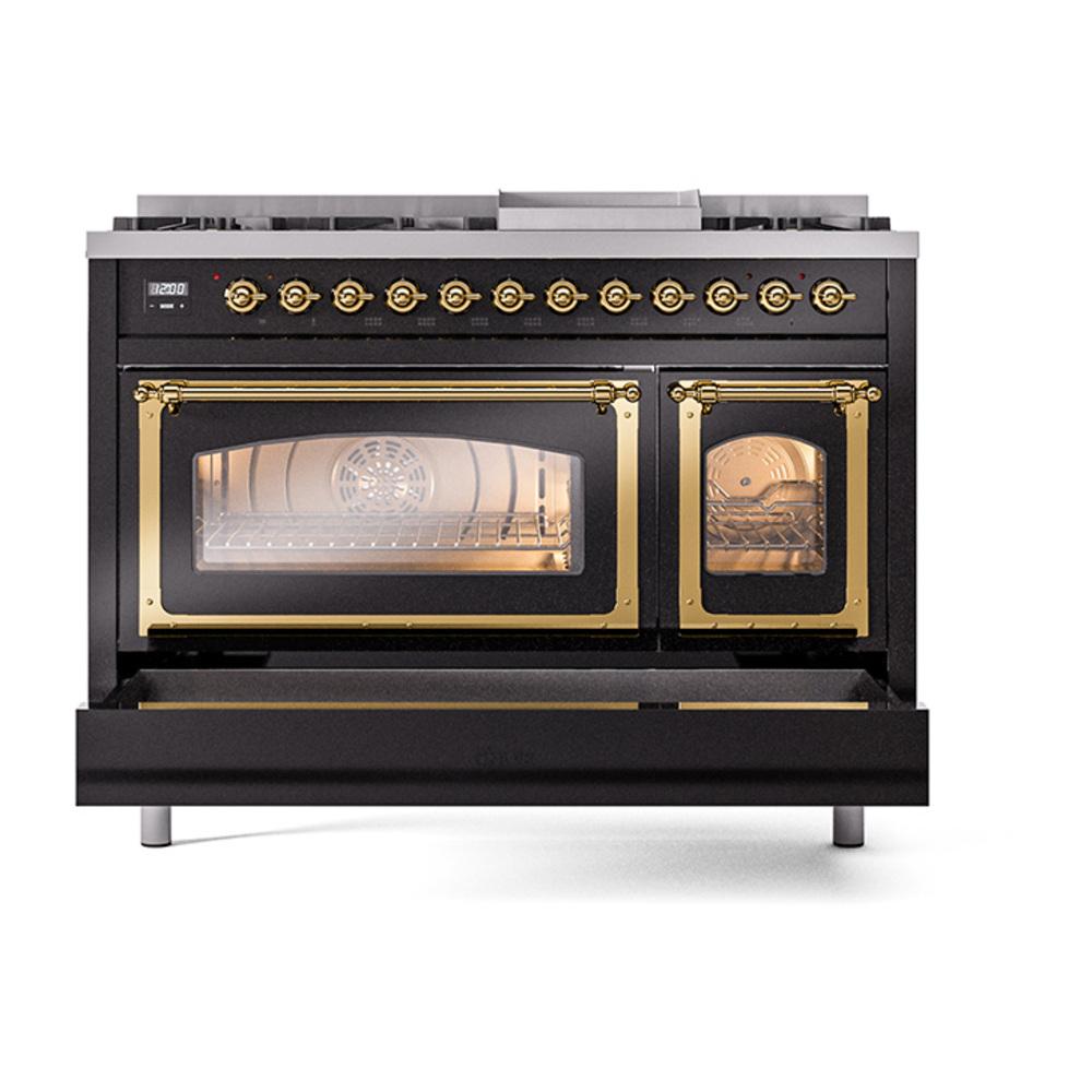 ILVE UN48FNMPBKGLP Nostalgie II Noblesse 48 inch Dual Fuel Range (8 Sealed Burners + Griddle, Liquid Propane, Triple Glass Door, Glossy Black, Brass)