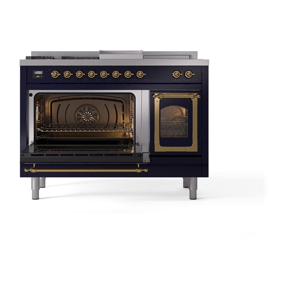 ILVE UN48FSNMPMBGLP Nostalgie II Noblesse 48 inch Dual Fuel Range (5 Sealed Burners + Griddle + French Top, Liquid Propane, Triple Glass Door, Midnight Blue, Brass)