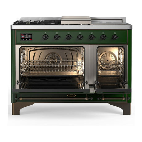 ILVE UM48FSQNR3EGBLP Majestic III 48 inch Dual Fuel Range with 5 Black Brass Burners, Griddle and French Top, Dual Function Burner up to 25,000 BTU (Liquid Propane, Solid Door, Emerald Green, Burnished)