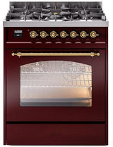 Nostalgie II 30 Inch Dual Fuel Natural Gas Freestanding Range in Burgundy with Brass Trim