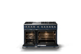48"W. Dual Fuel Range (Burner: 6g, Finish: Slate Blue, Trim: Polished Chrome, Fuel: Natural Gas)