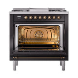 ILVE UN36FQNMPBKBLP Nostalgie II Noblesse 36 inch Dual Fuel Range (Liquid Propane, Solid Door, Glossy Black, Burnished)