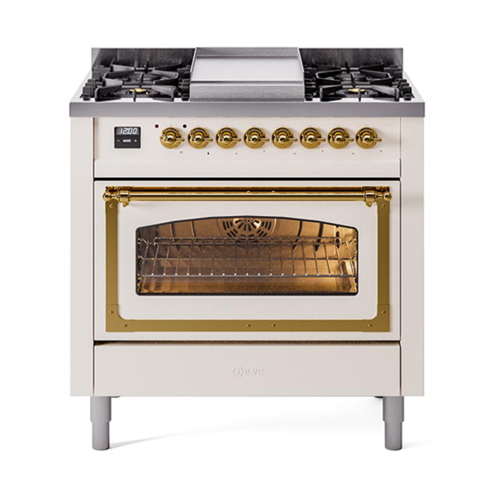 ILVE UN36FNMPAWGLP Nostalgie II Noblesse 36 inch Dual Fuel Range (Liquid Propane, Triple Glass Door, Antique White, Brass)