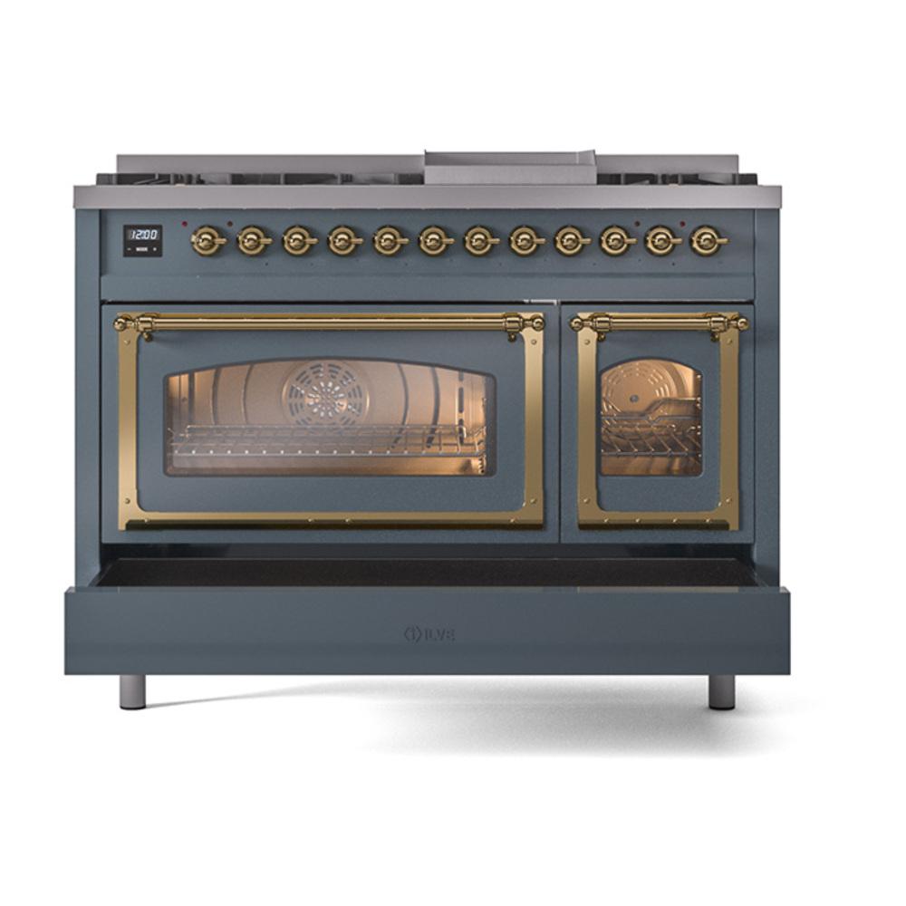 ILVE UN48FNMPBGG Nostalgie II Noblesse 48 inch Dual Fuel Range (8 Sealed Burners + Griddle, Natural Gas, Triple Glass Door, Blue Grey, Brass)