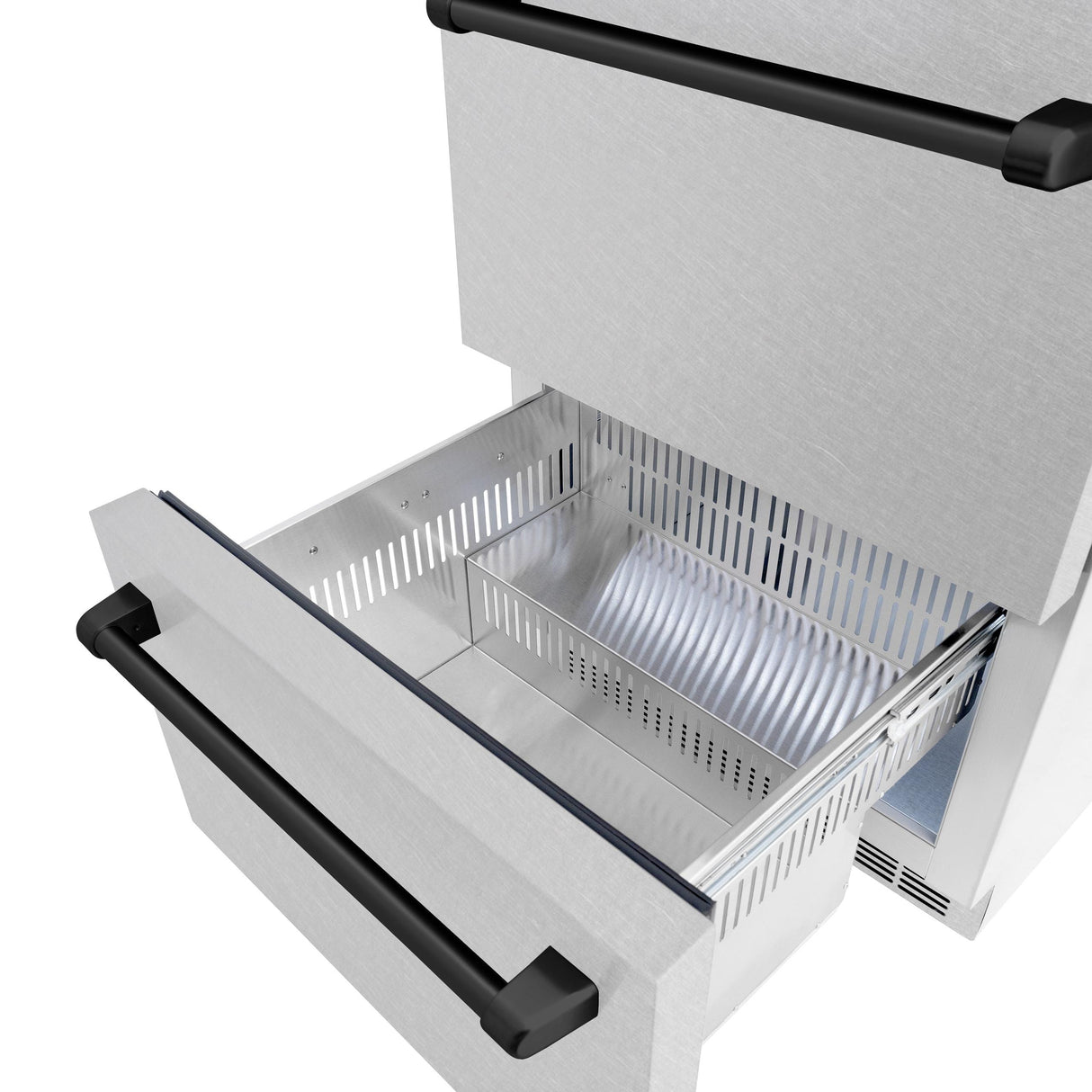 ZLINE Autograph Edition 24 in. Touchstone 168 Can Outdoor-Rated Dual Refrigerator Drawer with DuraSnow' Stainless Steel Doors and Matte Black Handles (RDSOZ-SN-24-MB)