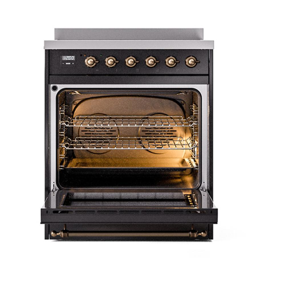 ILVE UNI304NMPBKB Nostalgie II Noblesse 30 inch Induction Range (Triple Glass Door, Glossy Black, Burnished)
