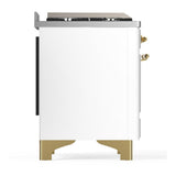 ILVE UM60FNR3WHG Majestic III 60 inch Dual Fuel Range with 9 Burners and Griddle, Dual Function Burner up to 25,000 BTU (Natural Gas, Triple Glass Door, White, Brass)